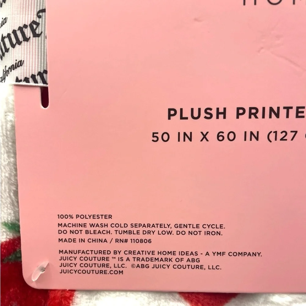 Juicy Couture Plush Throw White w/ Pink Red Hearts Cherries Strawberries NEW NWT